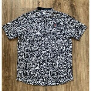 PRIMO Polo Shirt Mens L Navy MicroFloral Print Blade Collar Performance Golf